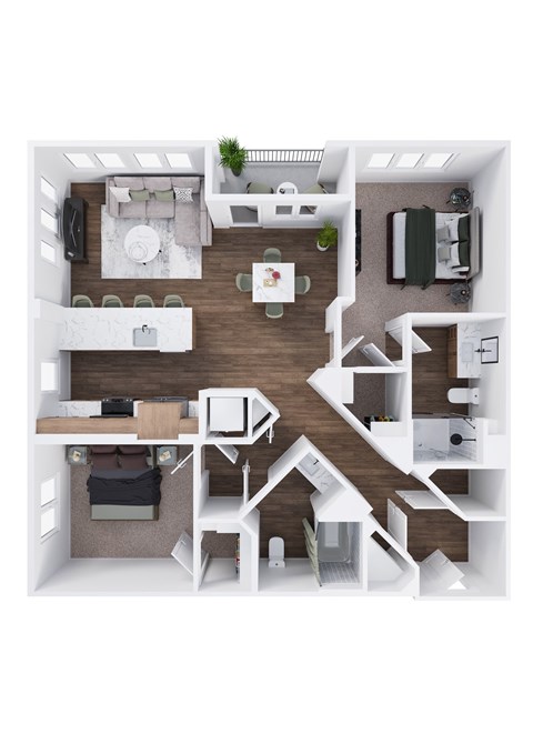 A top-down view of a small apartment with a kitchen, living room, and bedroom.